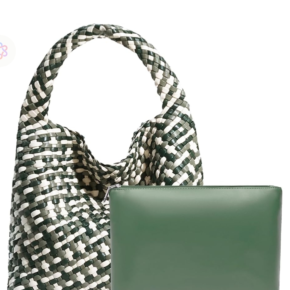 Stylish Vegan Leather Hand Woven Tote Bag Green Cream Handbag Shoulder Purse - Picture 11 of 15